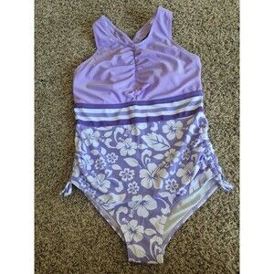 NWOT Girls Purple One Piece Swimsuit Size 13T - Hibiscus Floral & Side Ruched